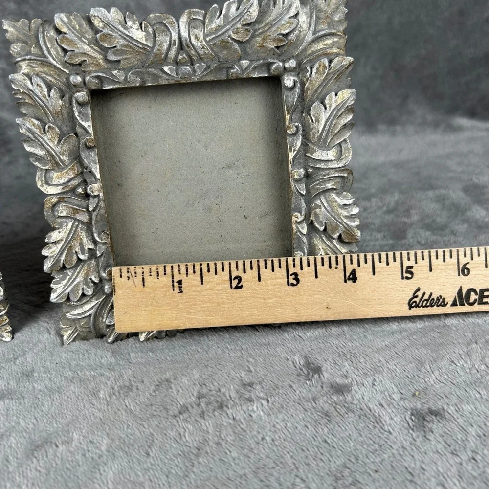 Set of 2 Ornate Silver Acanthus Leaf Square Picture Frames 5.5x5.5 Vintage Style